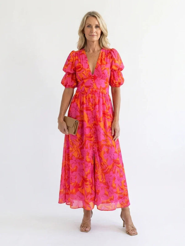Midi Dress Women Relaxed Fit Casual Summer Floral V Neck Puff Sleeve