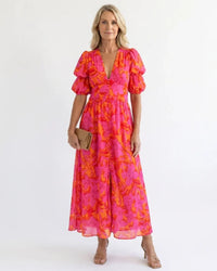 Midi Dress Women Relaxed Fit Casual Summer Floral V Neck Puff Sleeve