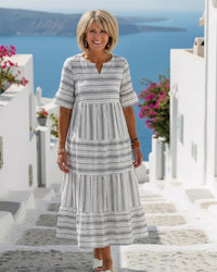 Midi Dress Women Relaxed Fit Casual Striped Short Sleeve