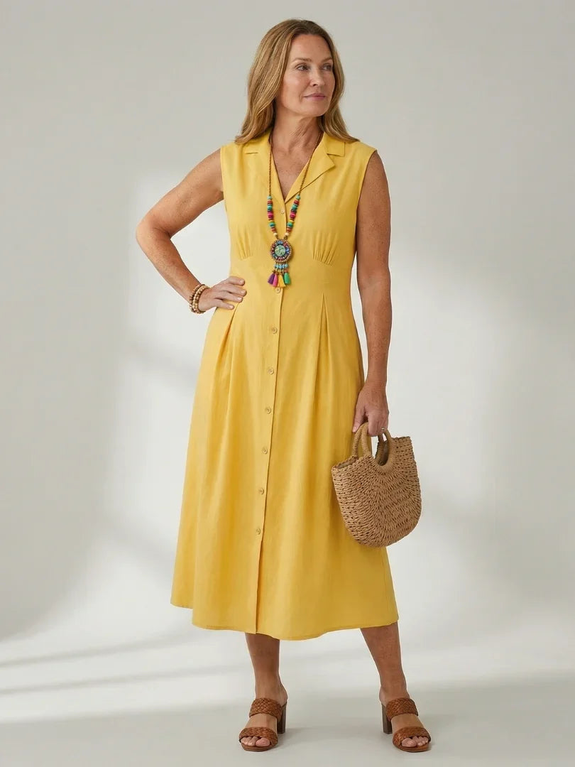 Sleeveless Button-Front Midi Dress Women Defined Waist Casual
