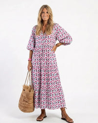 Midi Dress Women Relaxed Fit Casual Geometric Print Long Sleeve