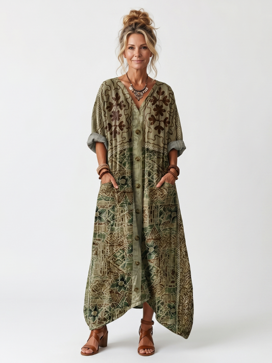 Midi Dress Women Oversized Relaxed Fit Casual Embroidered