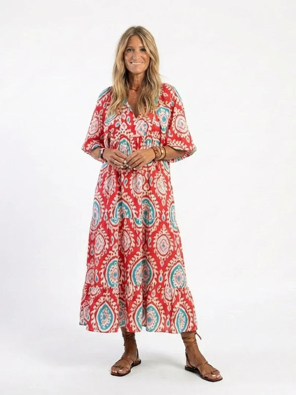 Midi Dress Women Regular Fit Casual Paisley Print V Neck Short Sleeve