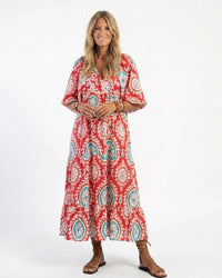 Midi Dress Women Regular Fit Casual Paisley Print V Neck Short Sleeve