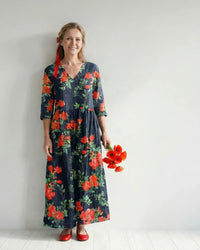 Midi Dress Women Relaxed Fit Casual Floral