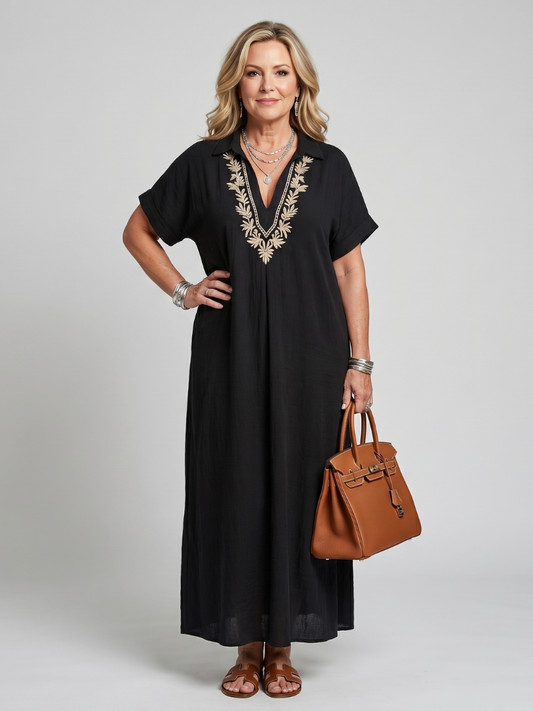 Midi Dress Women Relaxed Fit Casual Embroidered Detail
