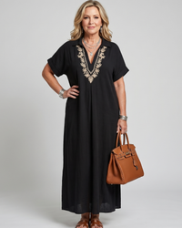 Midi Dress Women Relaxed Fit Casual Embroidered Detail