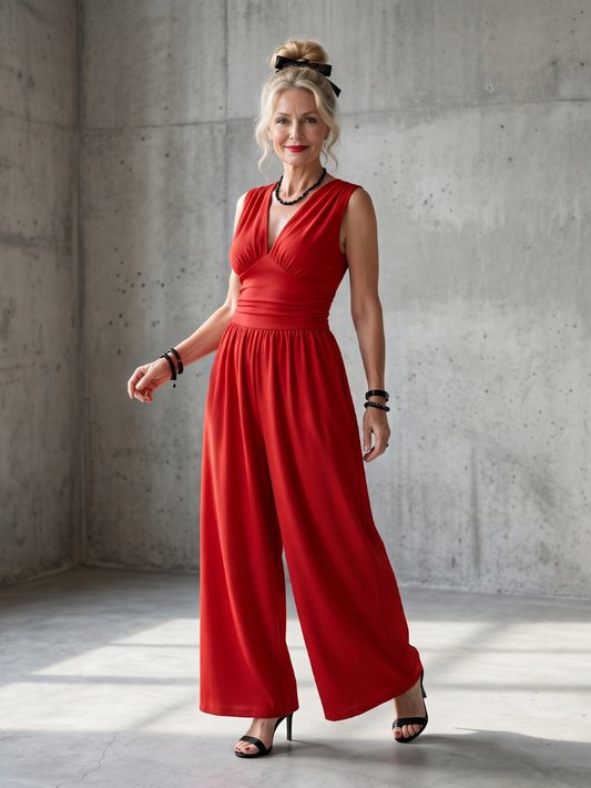 Wide Leg Jumpsuit Women Defined Waist Deep V Neck