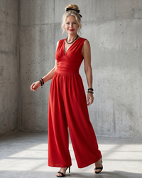 Wide Leg Jumpsuit Women Defined Waist Deep V Neck