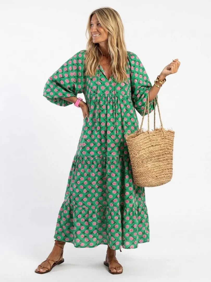Floral Print V Neck Midi Dress Women Relaxed Fit Casual Summer