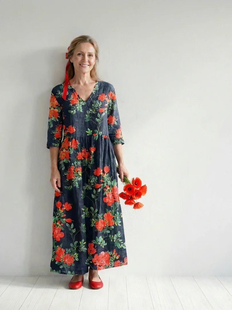 Floral Midi Dress Women Relaxed Fit Casual