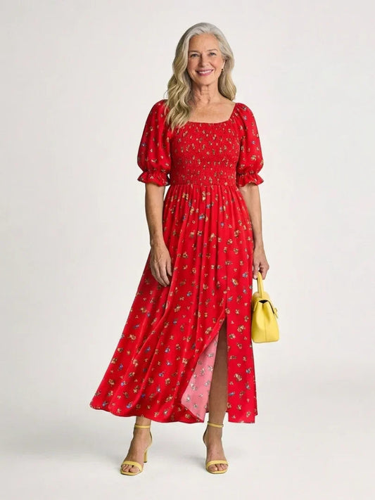 Midi Dress Women Relaxed Fit Casual Floral Puff Sleeve