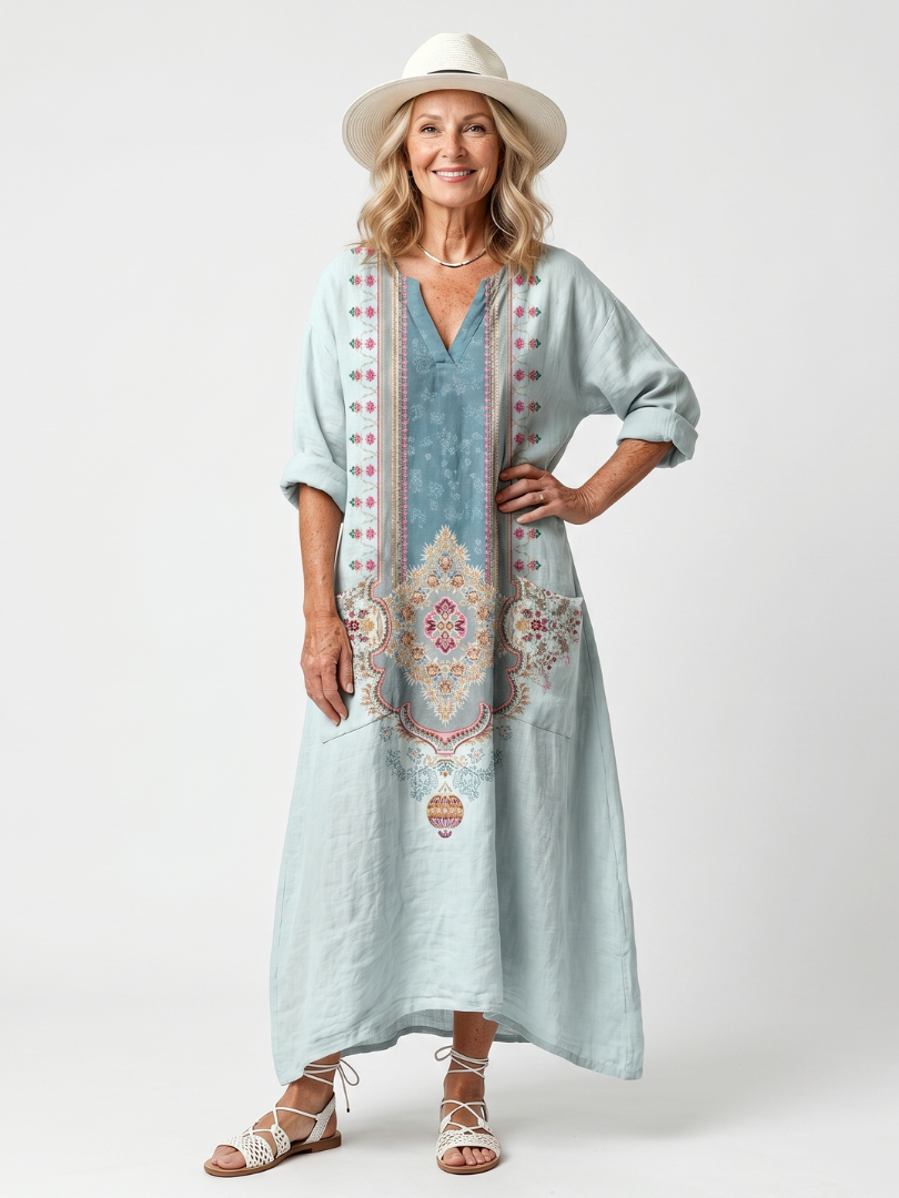 Midi Dress Women Oversized Relaxed Fit Casual Embroidered Panel