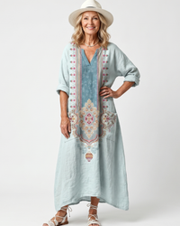 Midi Dress Women Oversized Relaxed Fit Casual Embroidered Panel