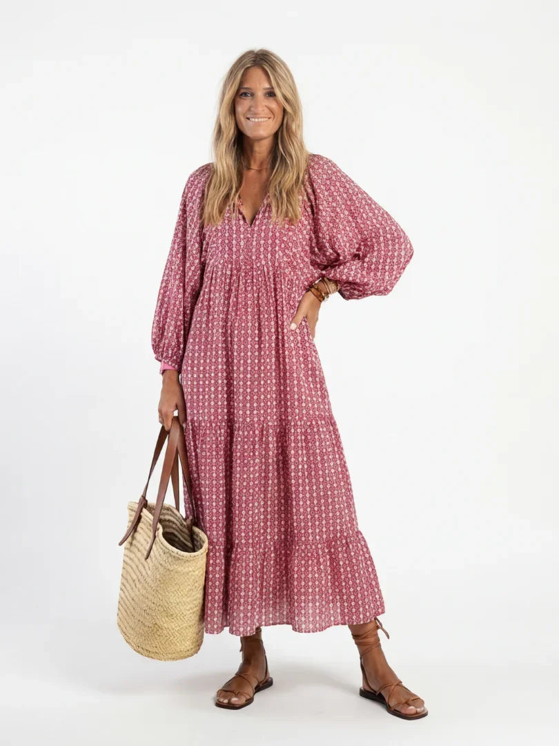 Midi Dress Women Relaxed Fit Casual Geometric Print Long Sleeve