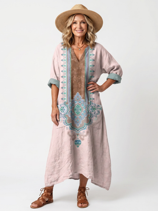 Midi Dress Women Relaxed Fit Casual Embroidered Panel Pockets