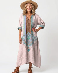 Midi Dress Women Relaxed Fit Casual Embroidered Panel Pockets