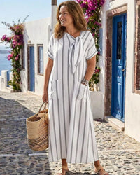 Midi Dress Women Relaxed Fit Casual Summer Striped Tie Neck