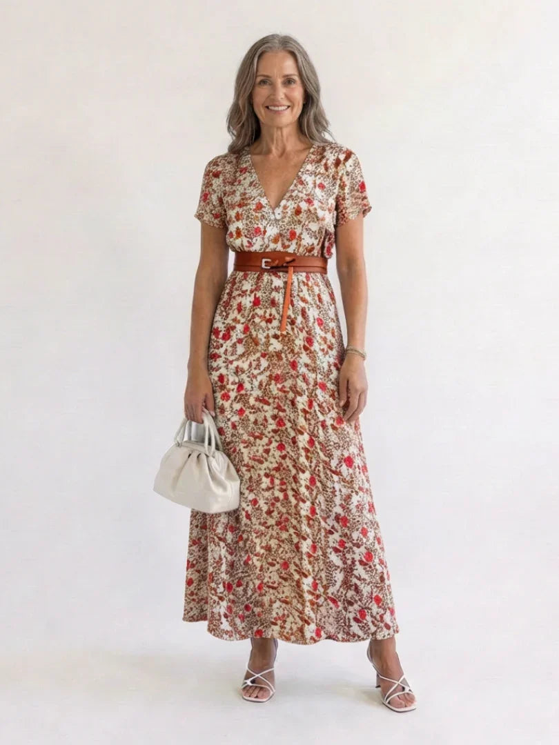 Floral V-Neck Midi Dress Women Regular Fit Casual Summer