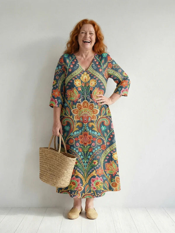 Midi Dress Women Relaxed Fit Casual Garden Pattern