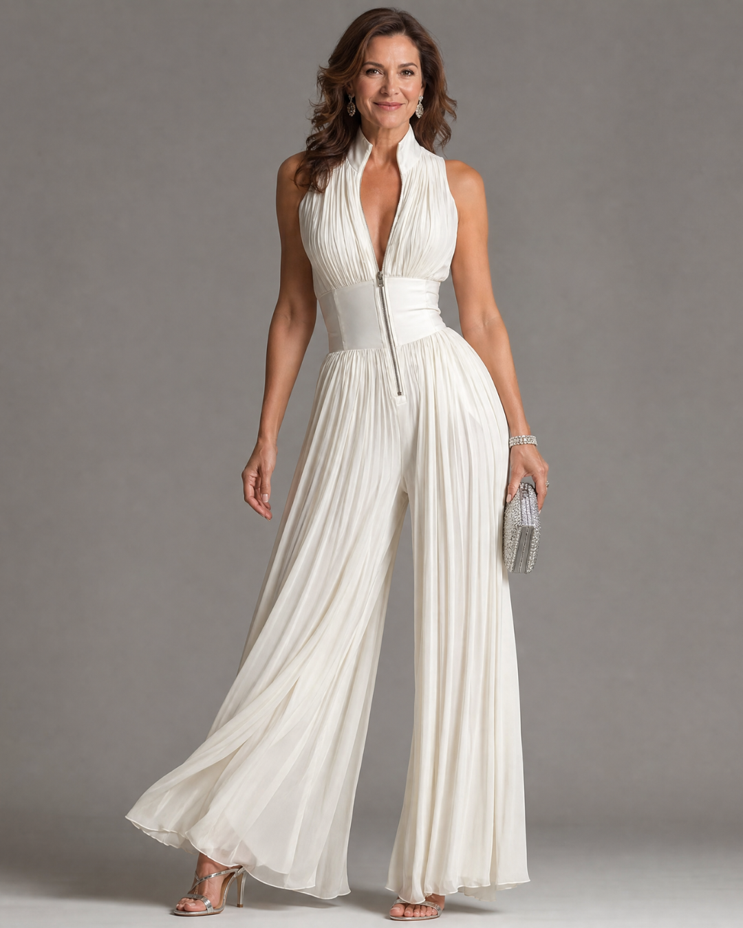Pleated Halter Neck Wide Leg Jumpsuit Women Fitted Casual