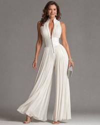 Pleated Halter Neck Wide Leg Jumpsuit Women Fitted Casual