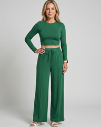 Two Piece Set Women Fitted Top Relaxed Trousers Casual