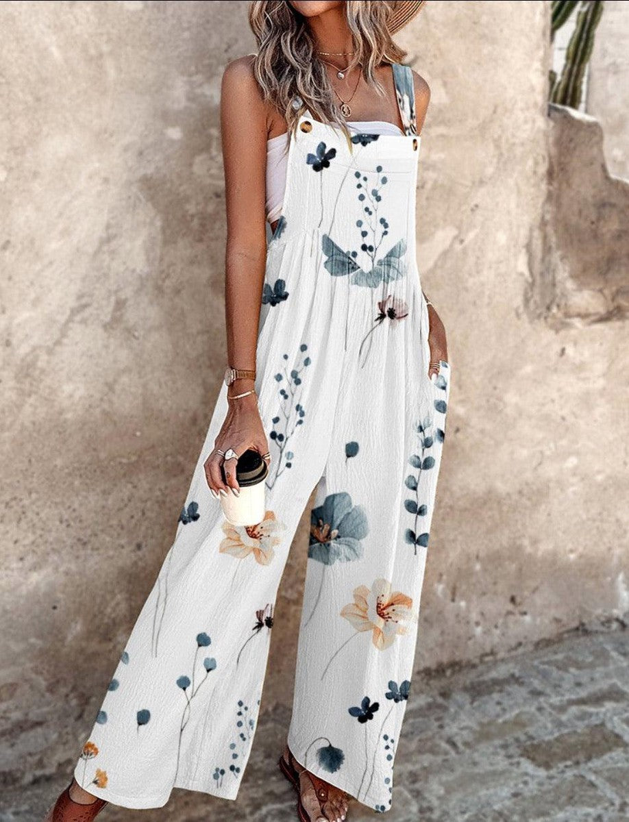 Sleeveless Floral Print Wide-Leg Jumpsuit Women Relaxed Fit Casual Summer