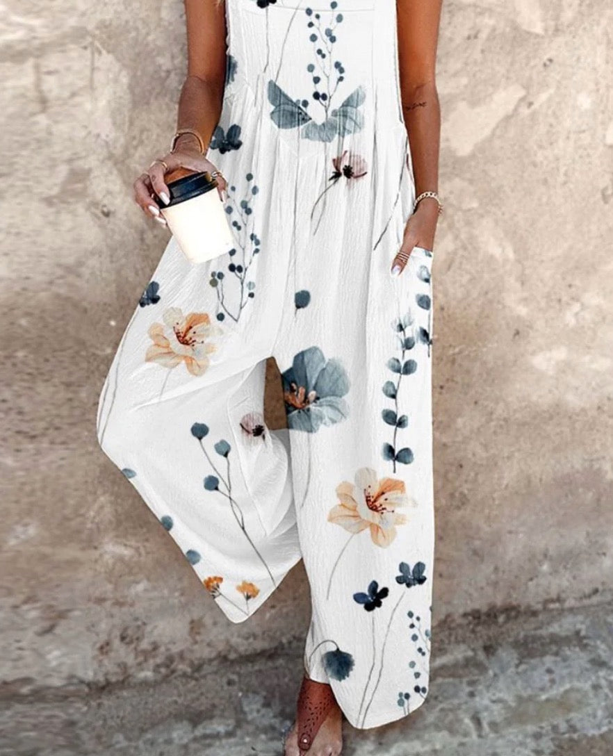 Sleeveless Floral Print Wide-Leg Jumpsuit Women Relaxed Fit Casual Summer