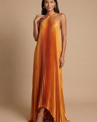 Women’s Open Back Halter Pleated Maxi Dress with Tie Closure