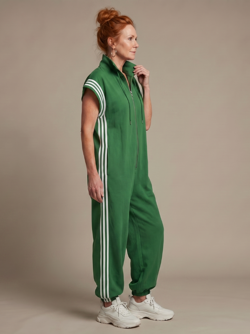 Jumpsuit Women Relaxed Fit Casual with Zip Front and Stripe Panels