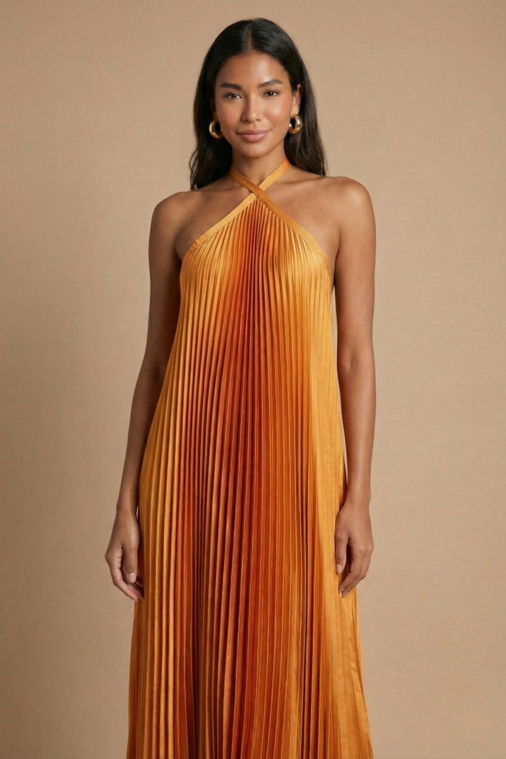 Women’s Open Back Halter Pleated Maxi Dress with Tie Closure