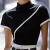 Elegant Black High-Neck Top with White Trim