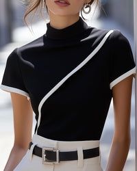 Elegant Black High-Neck Top with White Trim