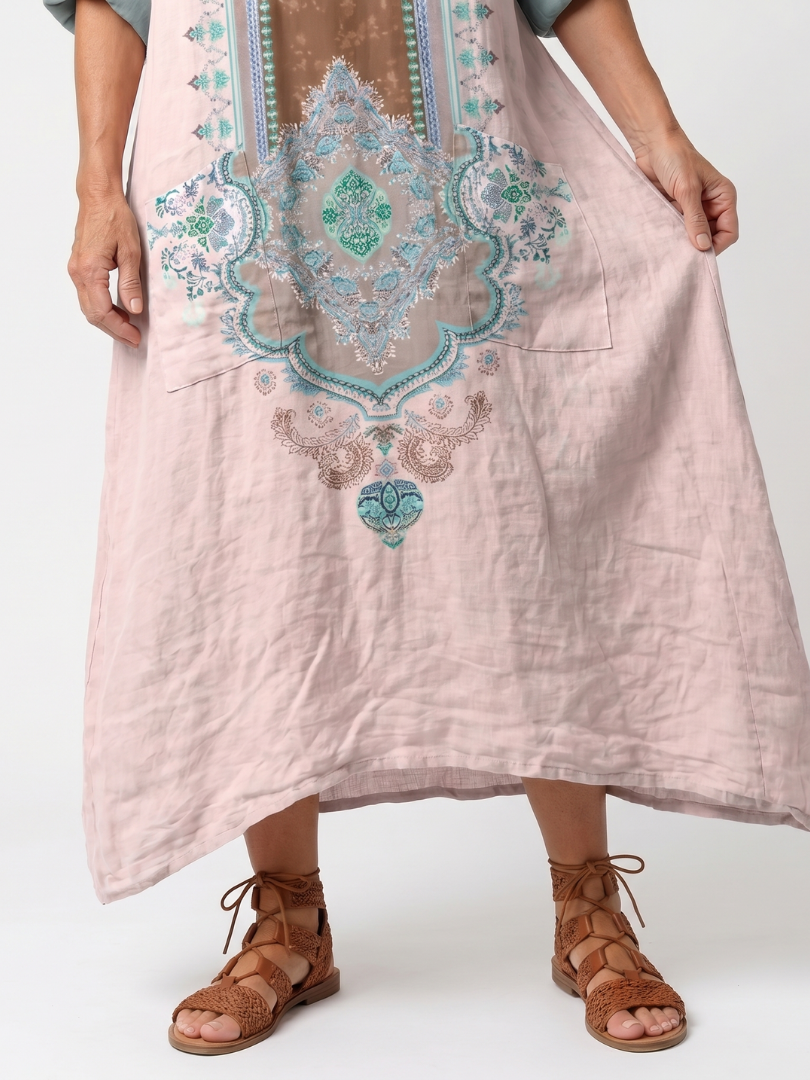 Midi Dress Women Relaxed Fit Casual Embroidered Panel Pockets
