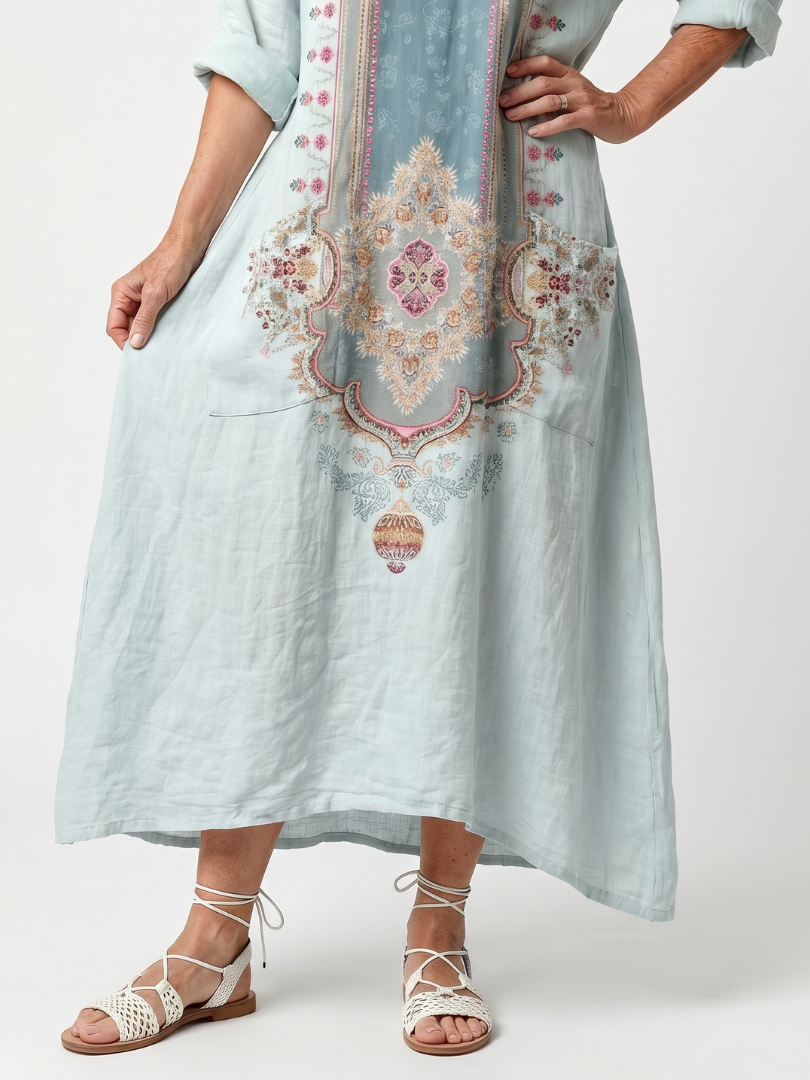 Midi Dress Women Oversized Relaxed Fit Casual Embroidered Panel