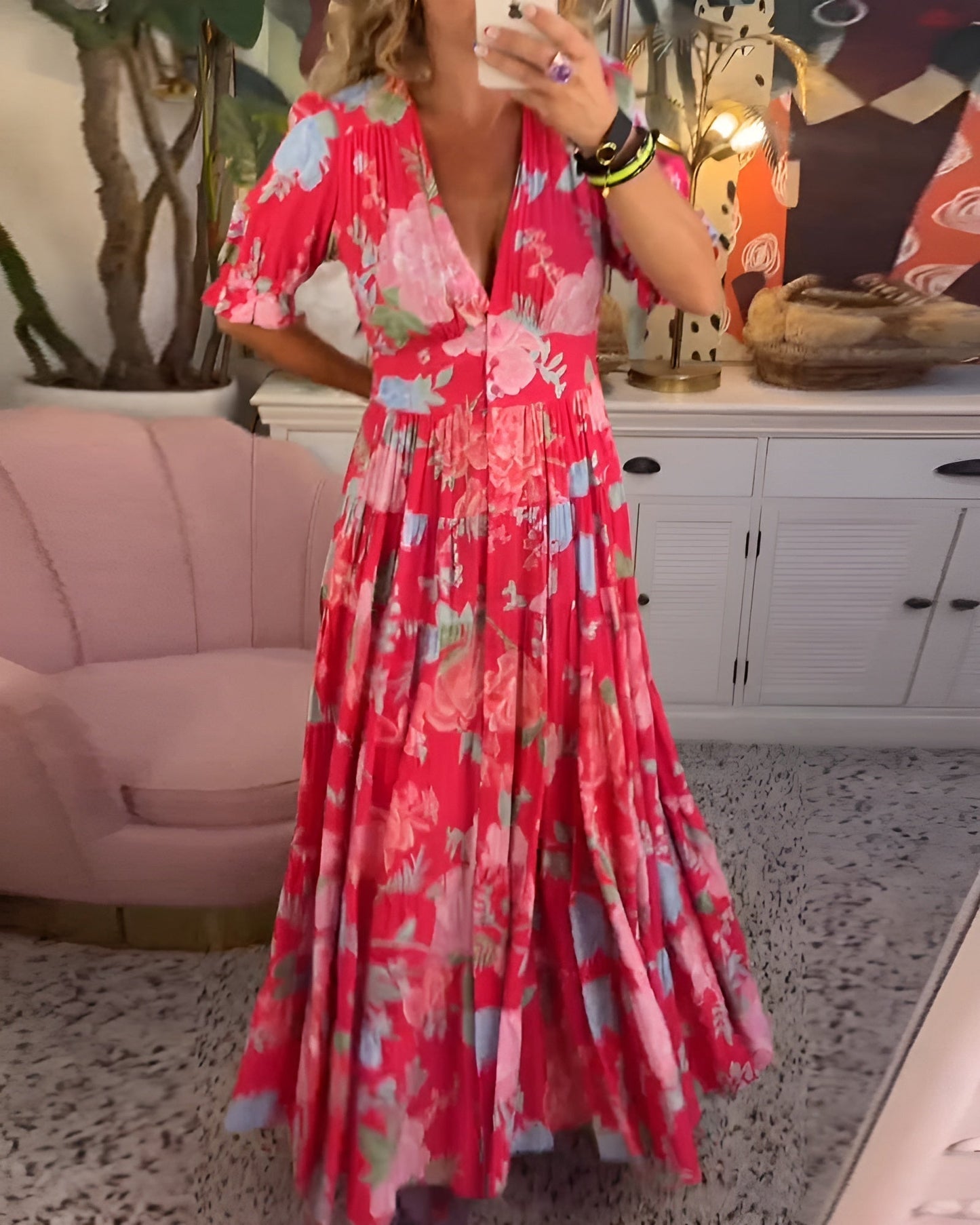 Floral Print V-Neck Dress Women Regular Fit Casual