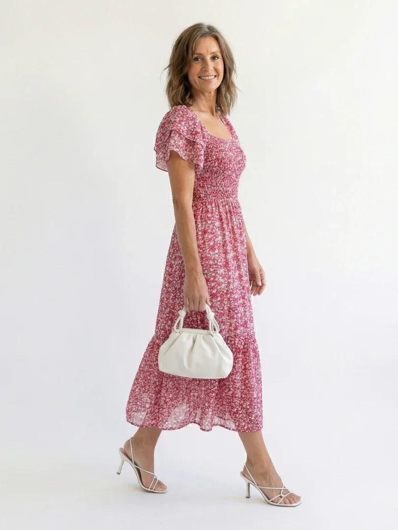 Off Shoulder Floral Midi Dress Women Relaxed Fit Casual Summer