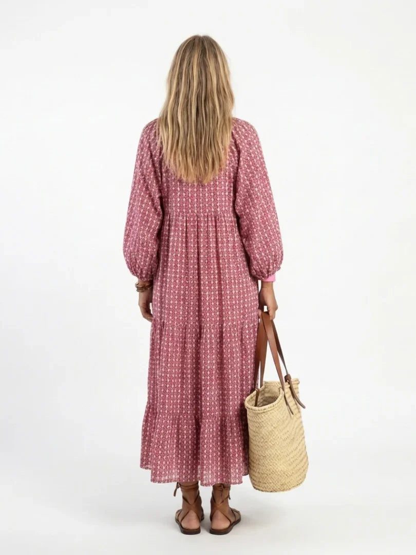 Midi Dress Women Relaxed Fit Casual Geometric Print Long Sleeve