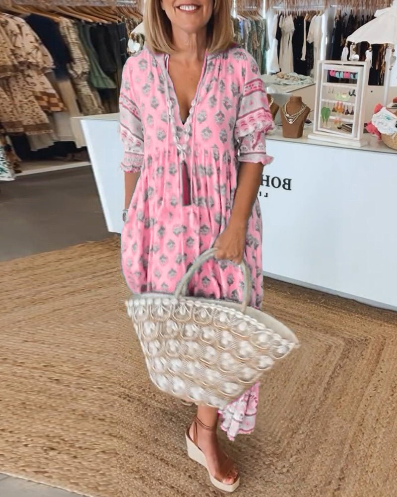 Floral V-Neck Dress Women Regular Fit Casual Summer