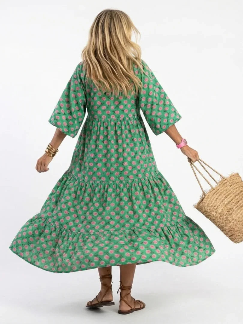 Floral Print V Neck Midi Dress Women Relaxed Fit Casual Summer