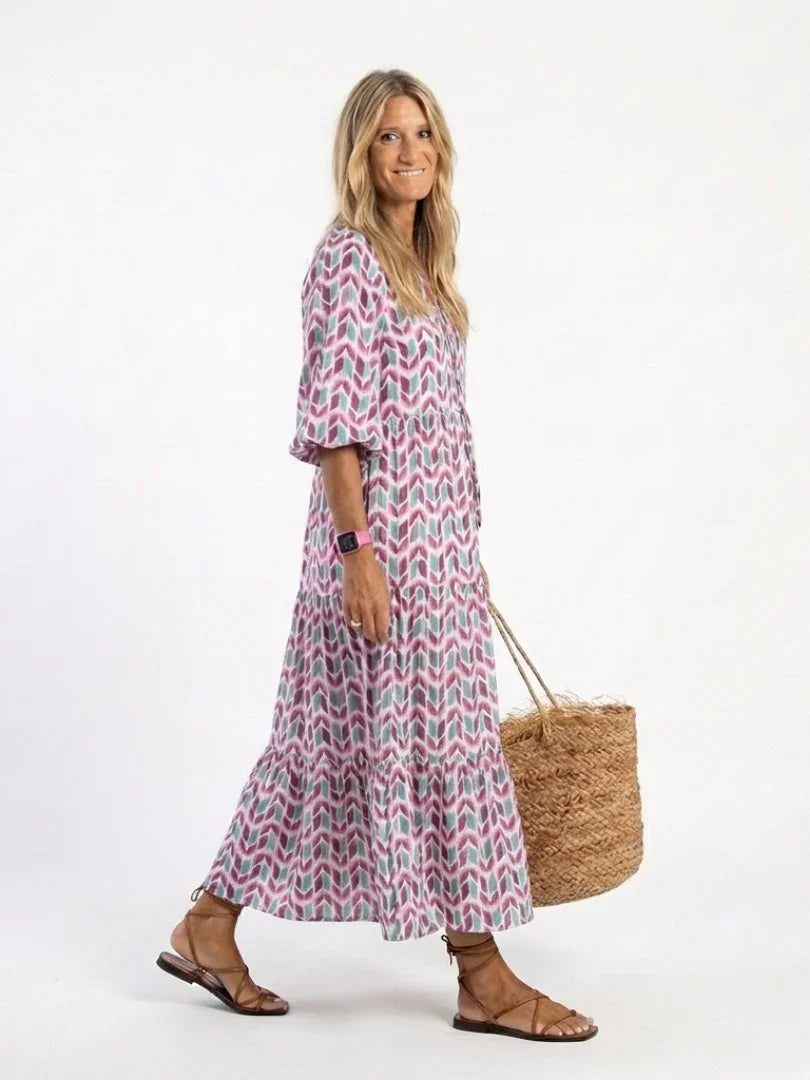 Midi Dress Women Relaxed Fit Casual Geometric Print Long Sleeve