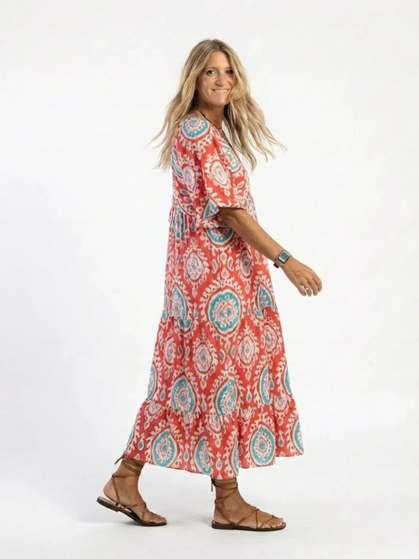 Midi Dress Women Regular Fit Casual Paisley Print V Neck Short Sleeve