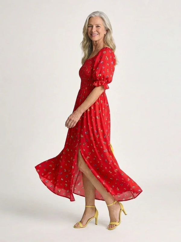 Midi Dress Women Relaxed Fit Casual Floral Puff Sleeve