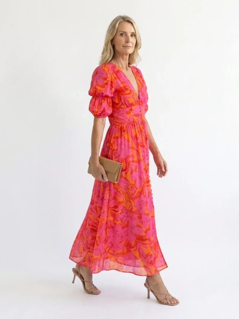 Midi Dress Women Relaxed Fit Casual Summer Floral V Neck Puff Sleeve