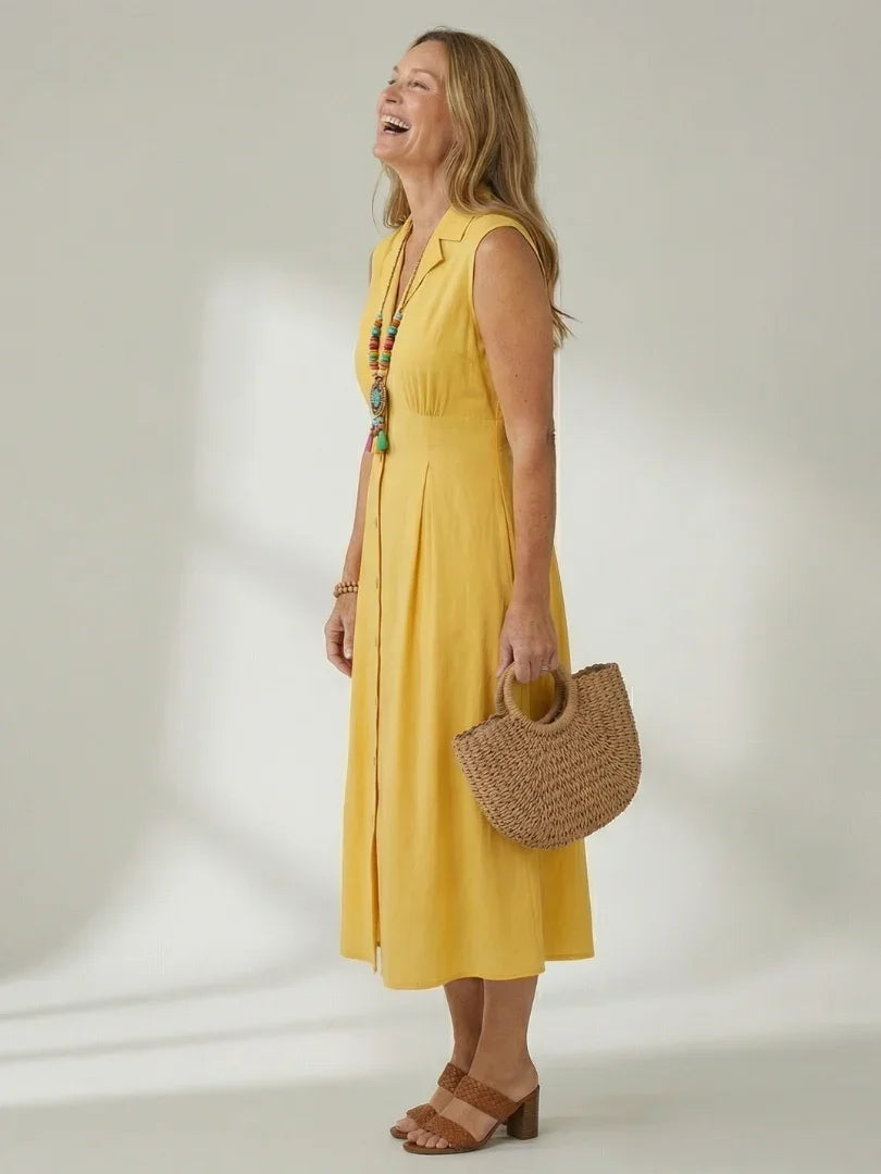 Sleeveless Button-Front Midi Dress Women Defined Waist Casual