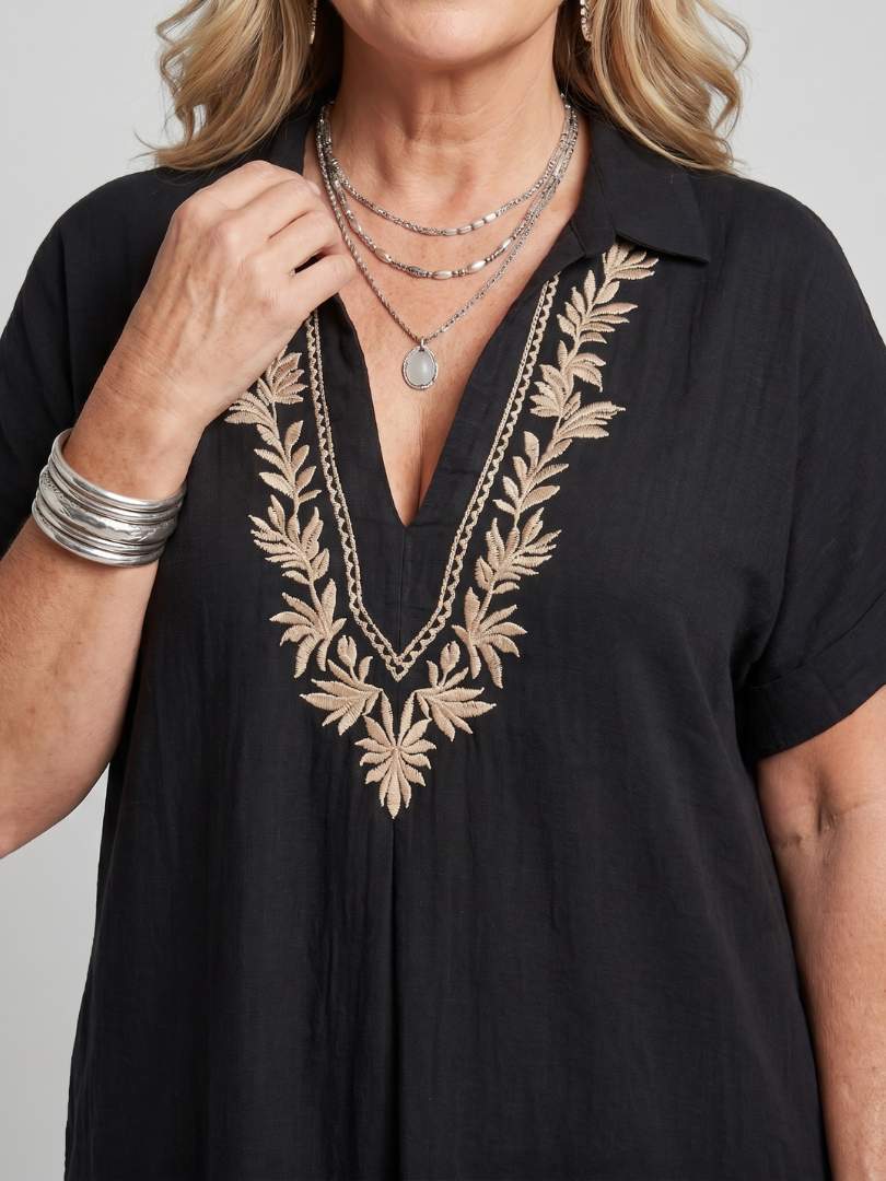 Midi Dress Women Relaxed Fit Casual Embroidered Detail