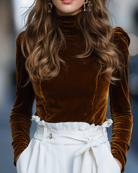 Burnt Caramel Velvet Turtleneck Top