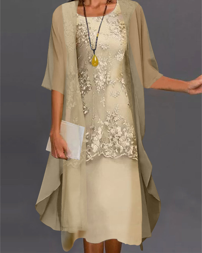 Two-Piece Chiffon Dress Women Regular Fit Casual Elegant Set