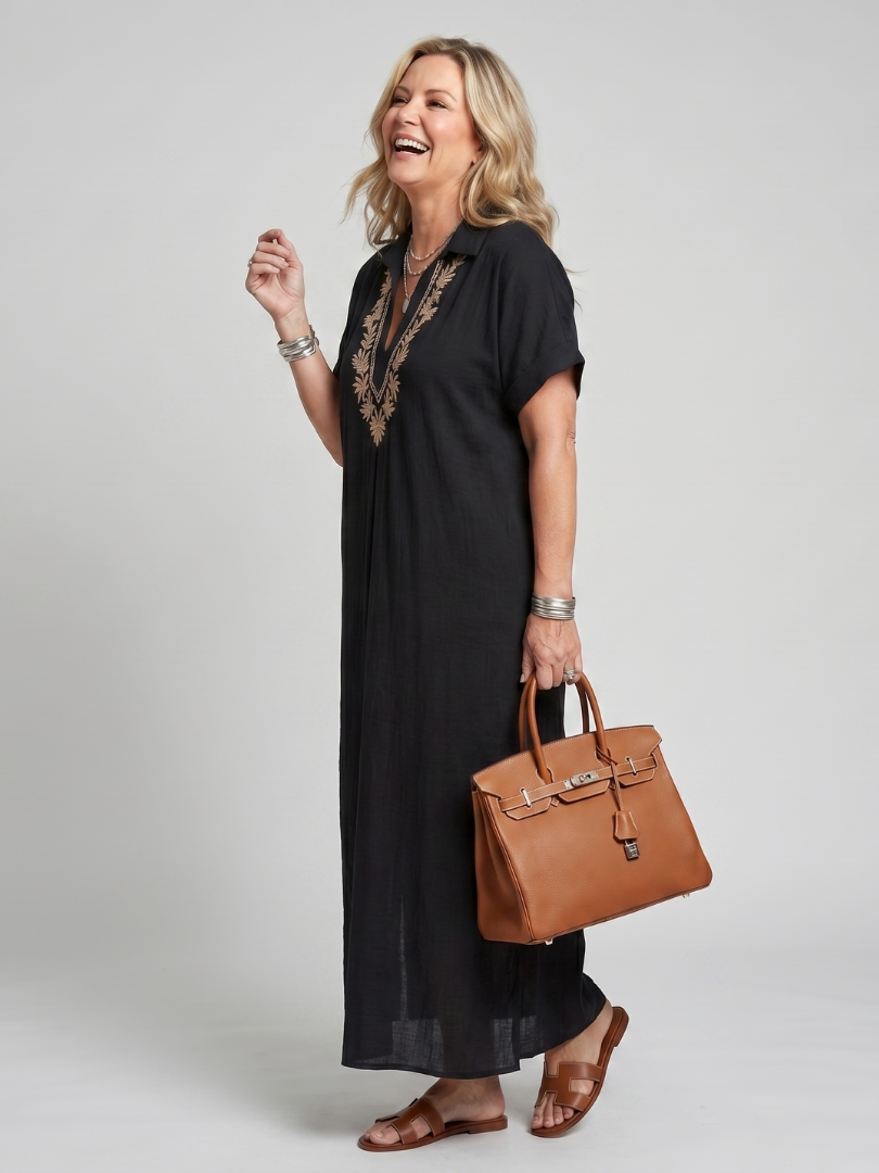 Midi Dress Women Relaxed Fit Casual Embroidered Detail